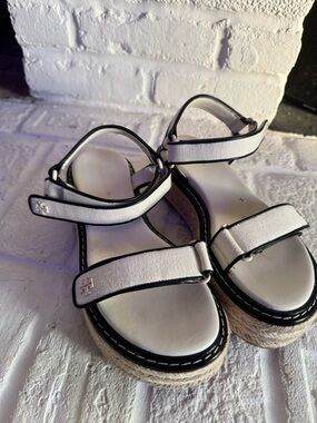 Tory Burch White and Black Espadrille Platform Sandals
